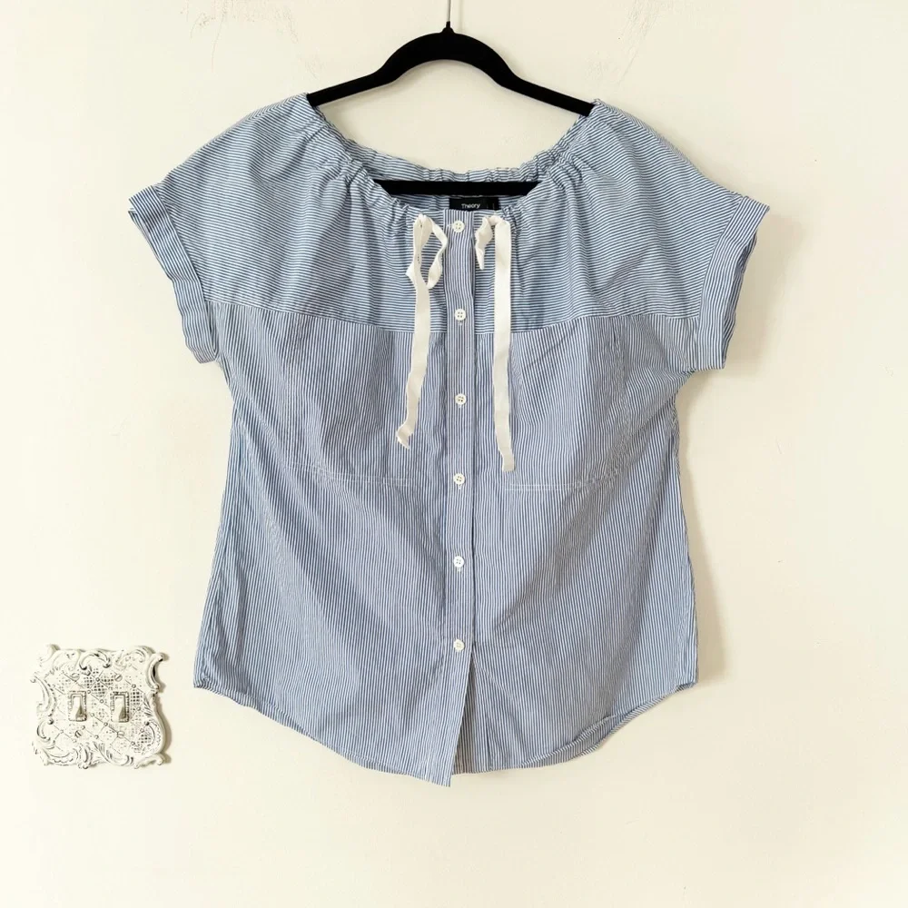 Theory Velvela Blue and White Striped Drawstring Shirt Sleeve Blouse M - Picture 4 of 8